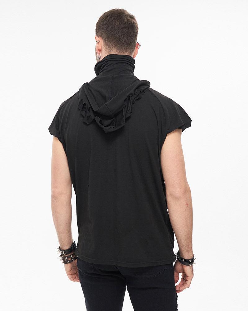 Skull Mask Tattered Sleeveless Hooded Muscle Shirt