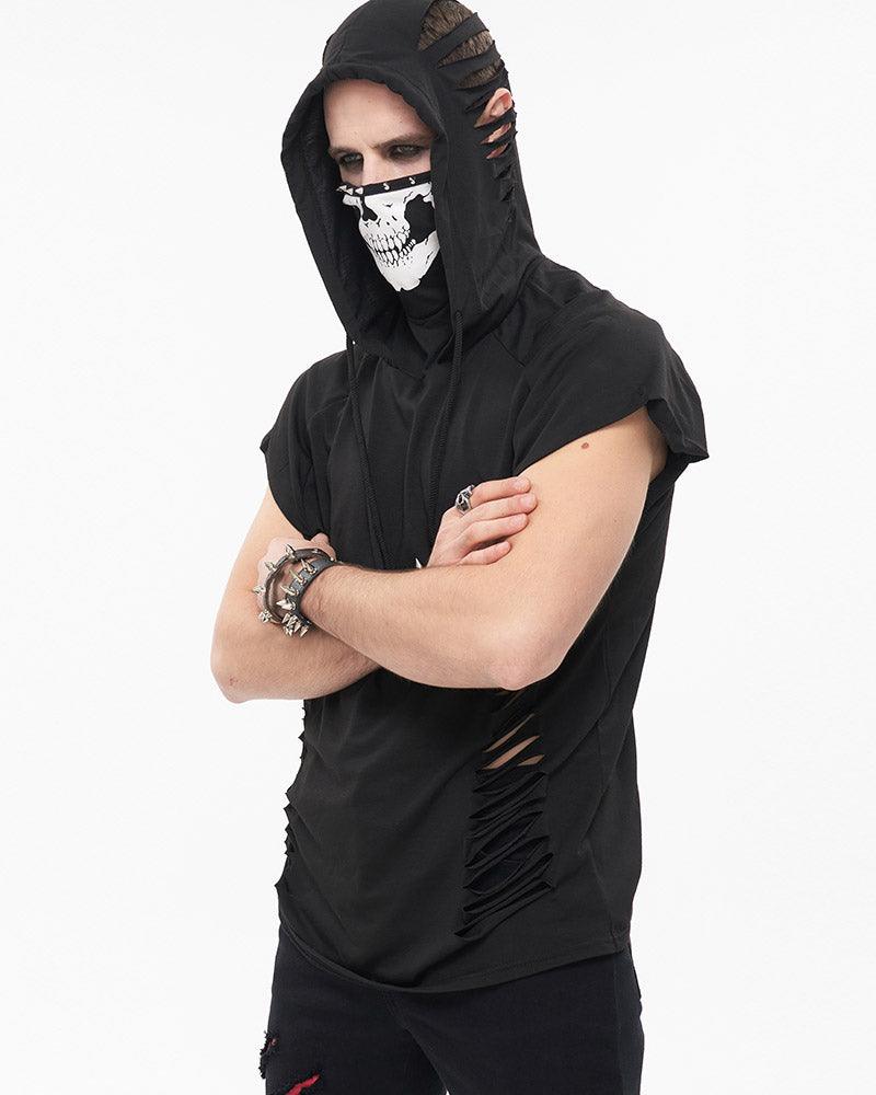 Skull Mask Tattered Sleeveless Hooded Muscle Shirt