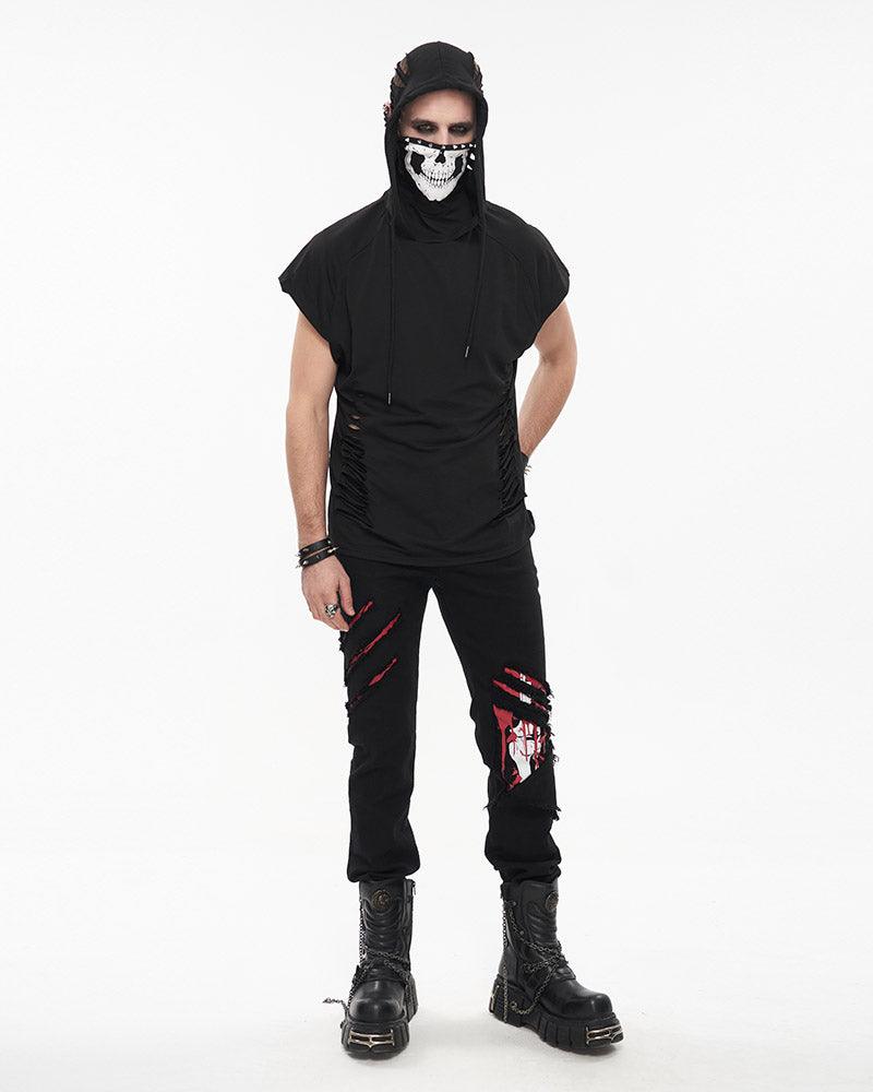 Skull Mask Tattered Sleeveless Hooded Muscle Shirt