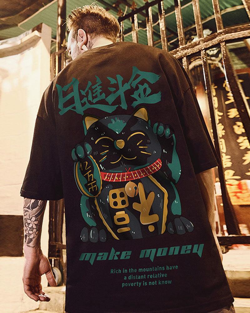 Oversize Streetwear Lucky Cat Graphic T-Shirt