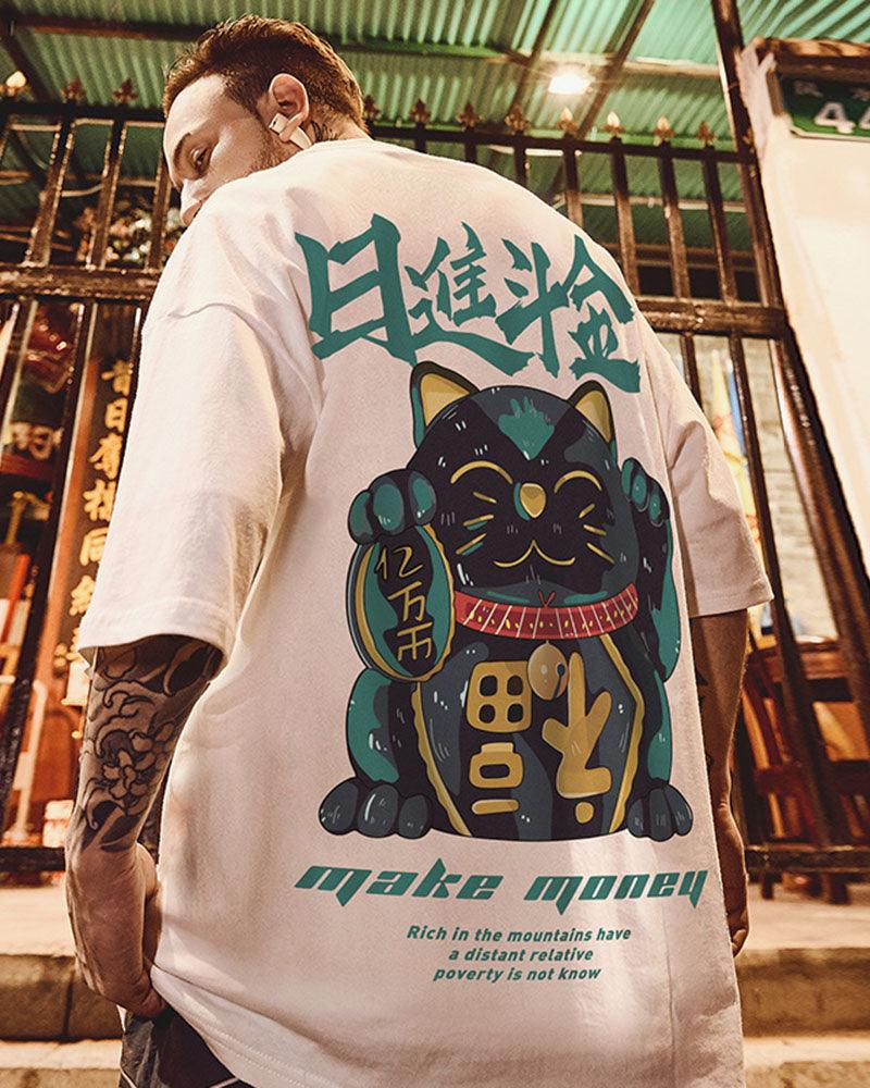 Oversize Streetwear Lucky Cat Graphic T-Shirt