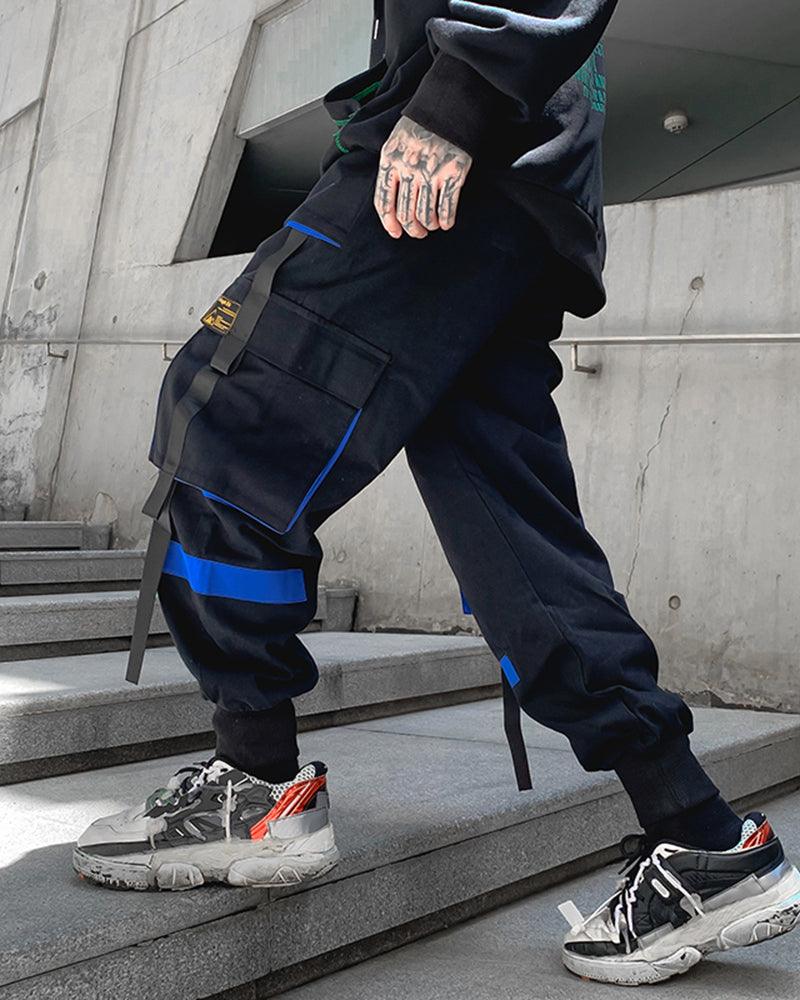 Streetwear Ribbon Patchwork Black Cargo Pants