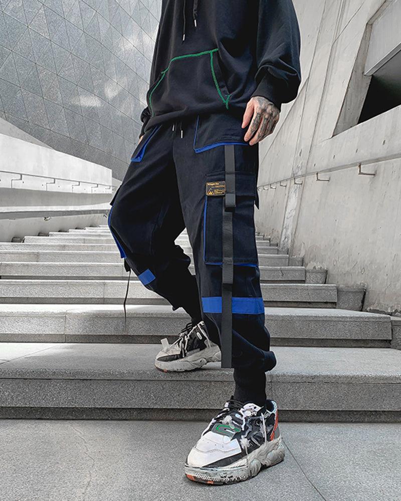 Streetwear Ribbon Patchwork Black Cargo Pants