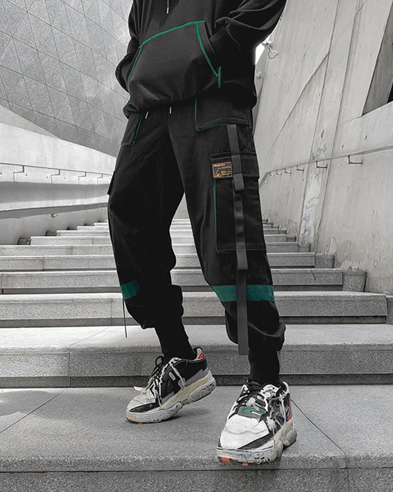Streetwear Ribbon Patchwork Black Cargo Pants