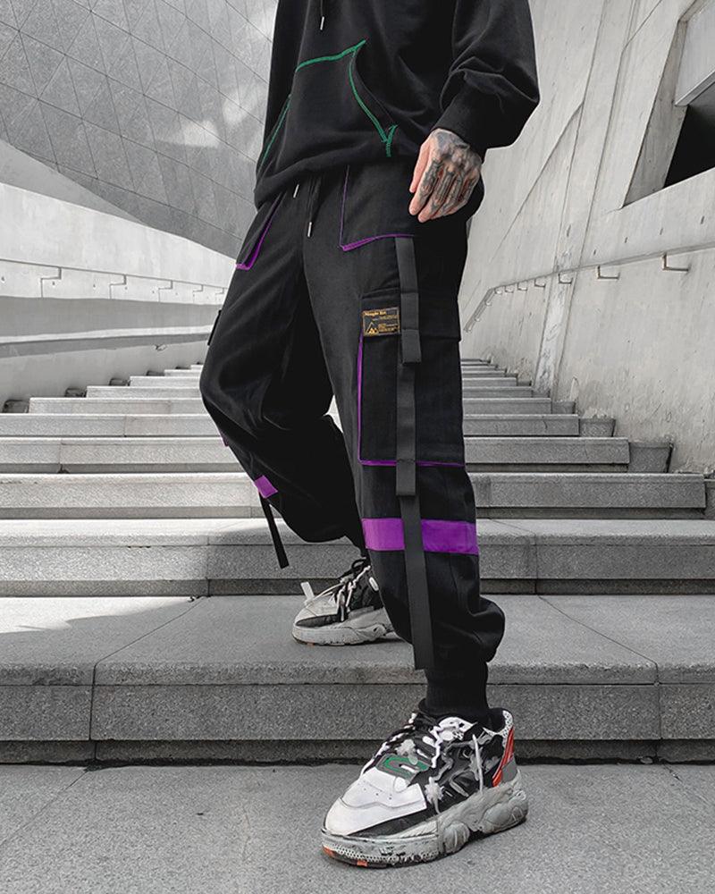 Streetwear Ribbon Patchwork Black Cargo Pants