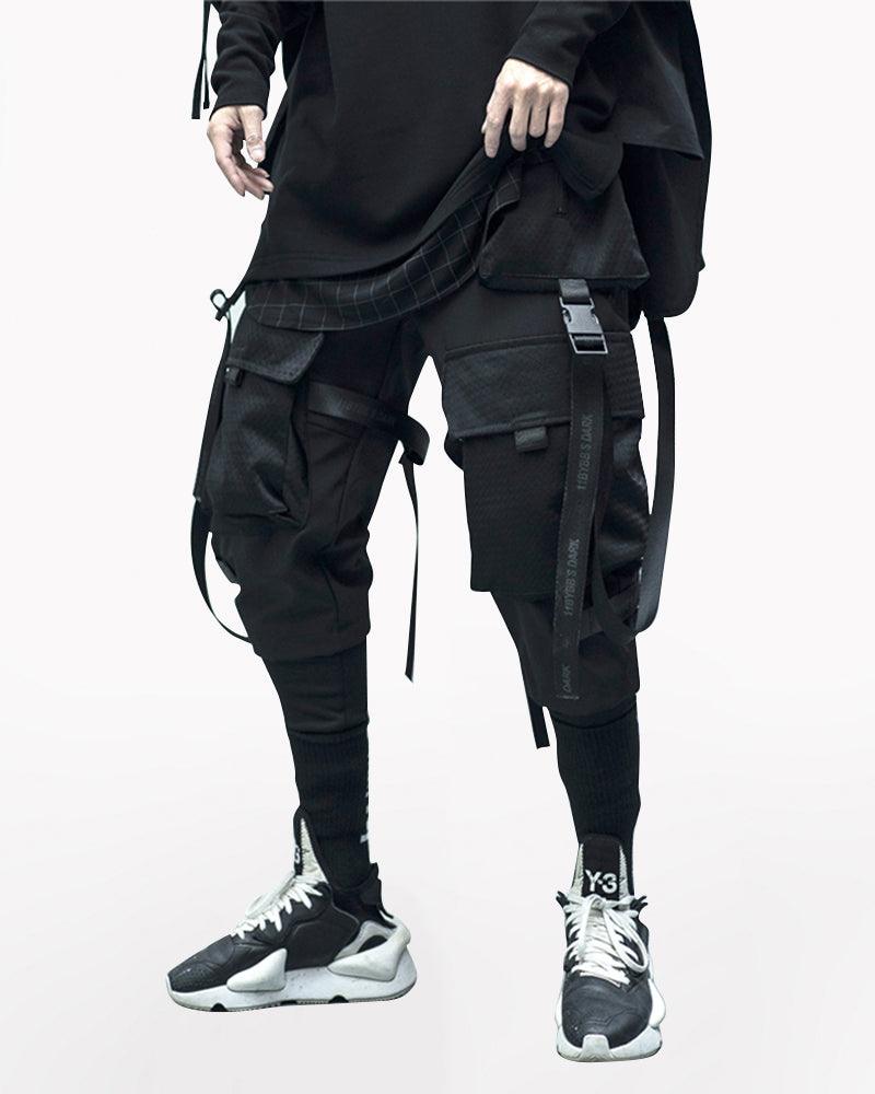 Ninja Techwear Black Multi-Pocket Ribbon Cargo Pants