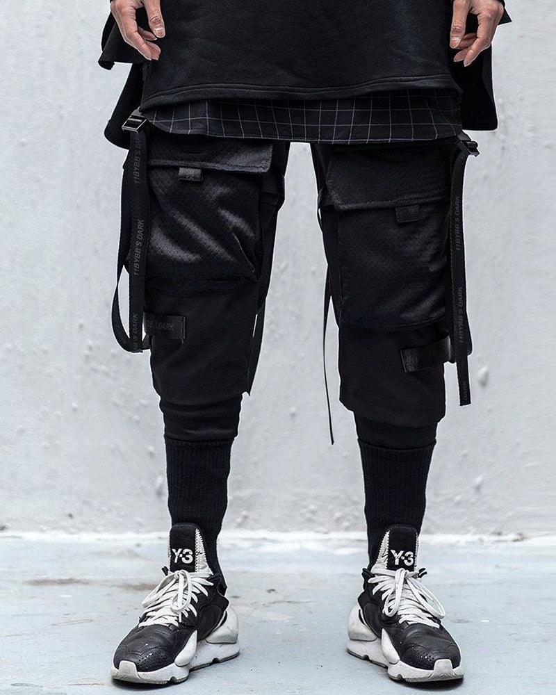 Ninja Techwear Black Multi-Pocket Ribbon Cargo Pants