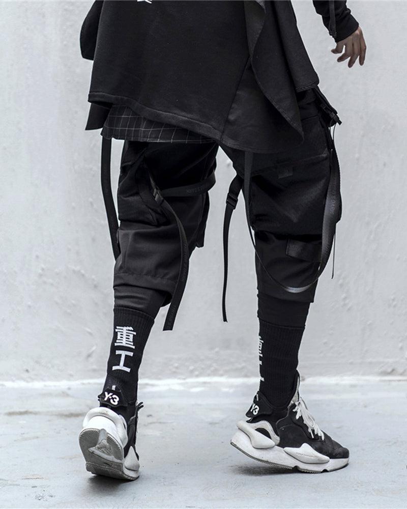 Ninja Techwear Black Multi-Pocket Ribbon Cargo Pants