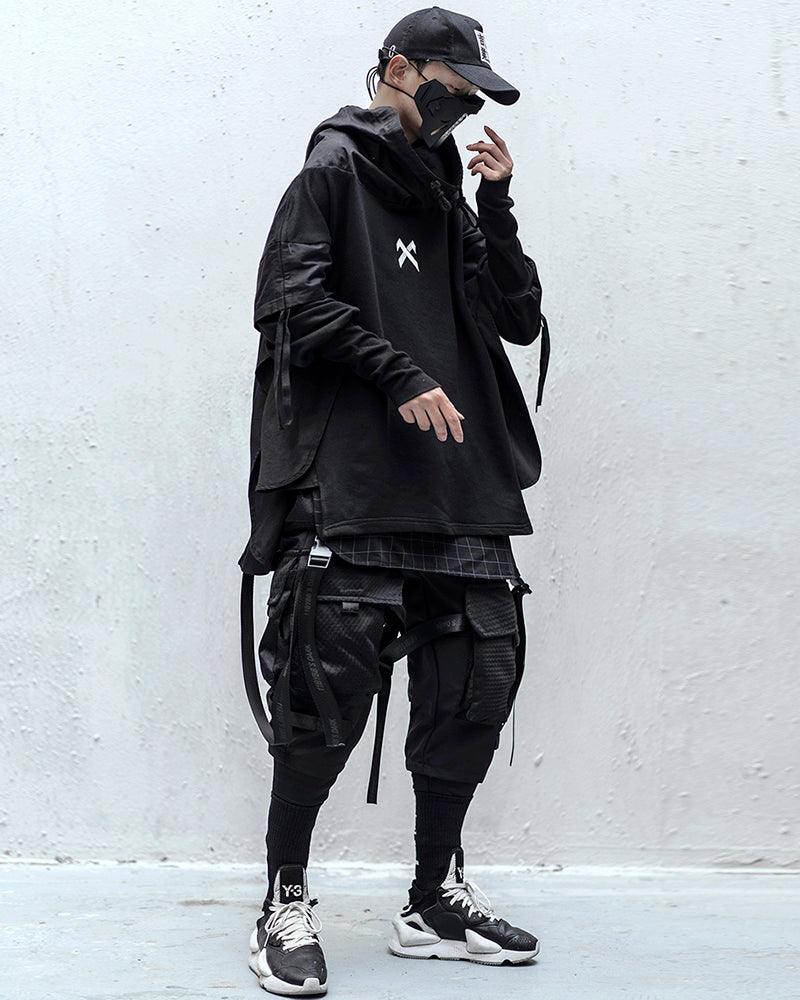 Ninja Techwear Black Multi-Pocket Ribbon Cargo Pants